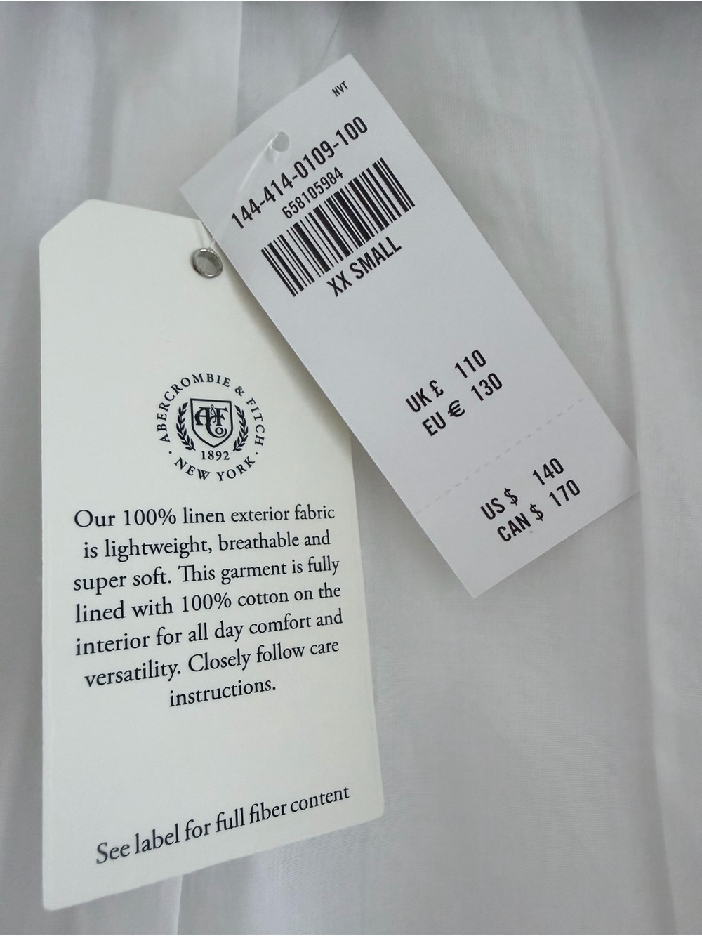 Abercrombie & Fitch White Linen Single-Button Tailored Blazer size XXS - Picture 9 of 9